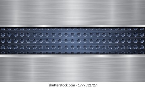 Hintergrund einer gelochten, blauen Metalloberfläche mit Löchern und zwei horizontal polierten, silbernen Platten mit Metallstruktur, Glares und glänzenden Kanten