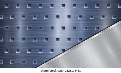Background of blue perforated metallic surface with holes and angled silver polished plate with a metal texture, glares and shiny edges