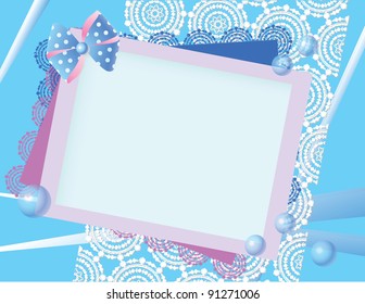 Background in blue and pink with lace bow and spheres. Vector illustration.