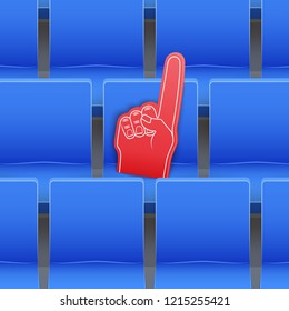 Background of blue plastic stadium seats and fan foam finger. The concept of the fan zone and the sale of tickets for the match. Sport arena and stadium. Vector illustration