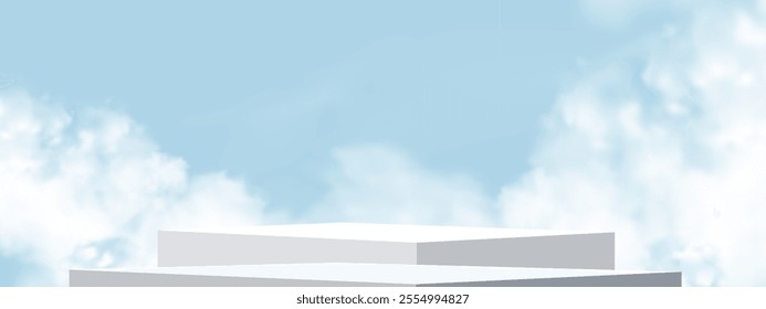 Background blue podium platform over sky,white cloud for cosmetic display product for winter,Summer banner with stage stand mockup with abstract building exterior design on spring nature landscape  

