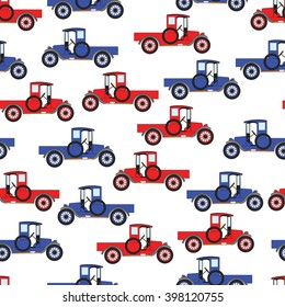 Background blue and red cartoon retro car. Pattern vector old vintage truck.