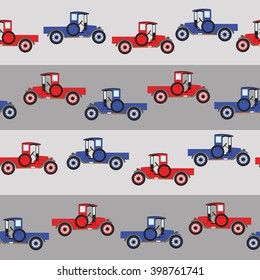 Background blue and red cartoon retro  truck. Line with cars.