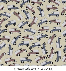 Background blue and red cartoon retro car, pattern vector old vintage truck. 