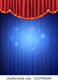 Background with blue and red curtain. Design for presentation, concert, show. Vector illustration