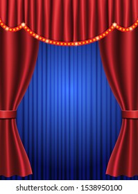 Background with blue and red curtain. Design for presentation, concert, show. Vector illustration