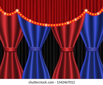 Background with blue and red curtain. Design for presentation, concert, show. Vector illustration