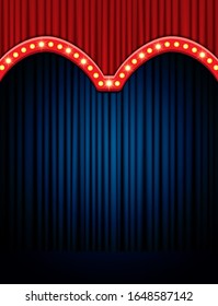 Background with blue and red curtain. Design for presentation, concert, show. Vector illustration