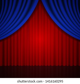 Background with blue and red curtain. Vector illustration
