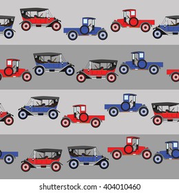 Background blue and red two cartoon retro car. Pattern Vector retro truck. 