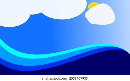 The background of the blue sea is layered, and the blue sky and the sun are covered by some white clouds. vector illustration