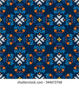 Background, blue seamless pattern with white flowers. Seamless vector floral pattern with white and orange flowers on a dark blue background. 
 