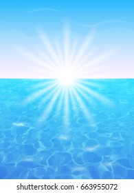 Background of blue sea,sky and sun. Vector illustration