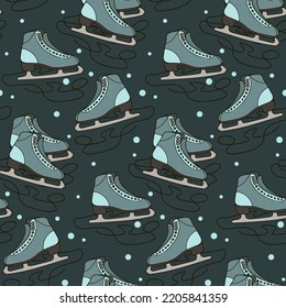 Background with blue skates on a dark background. Skates with untied laces and dots like snow. Suitable for printing on paper and textiles. Gift wrapping, print on clothes.