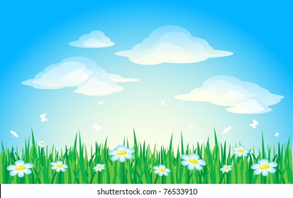 Background with blue sky and flowers in a grass