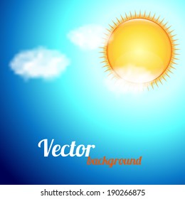 Background with a blue sky, sun and clouds. Vector illustration