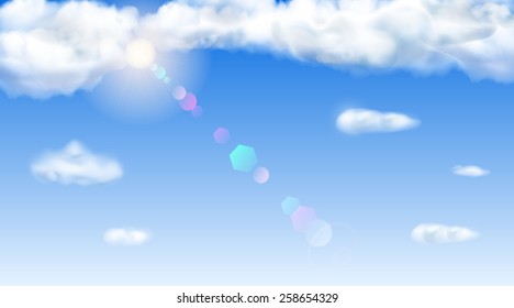 Background with blue sky, sun, lens flare and clouds