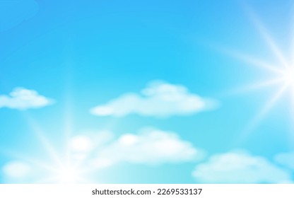 Fondo del cielo azul con nubes blancas y estrellas brillantes. Ilustración vectorial.