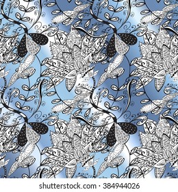 Background with blue stripes gradient and white doodles. Vector illustration.