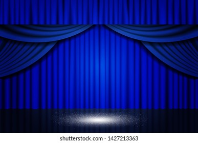 Background with blue theater curtain. Vector illustration