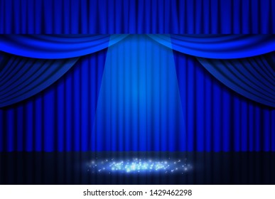 Background with blue theater curtain. Vector illustration