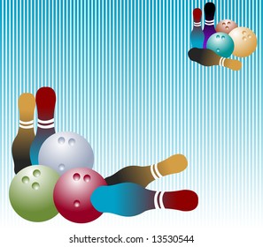 Background with blue vertical lines, colored bowling balls and various skittles