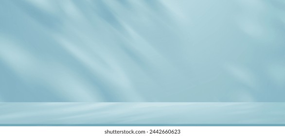 Background Blue Wall Studio with Shadow and Light on Surface Texture Table Top,Vector Spring Backdrop Empty Room with Podium Display and Top Shelf Bar for Product,Template Banner for Summer collection