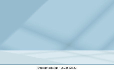 Estúdio de parede azul de fundo com sombra, luz na textura de superfície no chão para o produto de inverno, primavera Backdrop quarto vazio com exibição de pódio e superior prateleira bar, Banner modelo de verão 