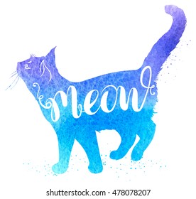 Background with blue watercolor cat and lettering "Meow". Hand drawn vector illustration.