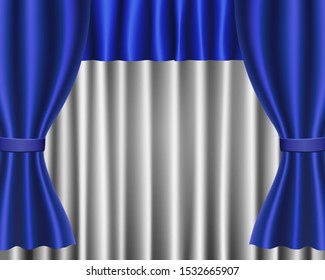 Background with blue and white curtain. Design for presentation, concert, show. Vector illustration