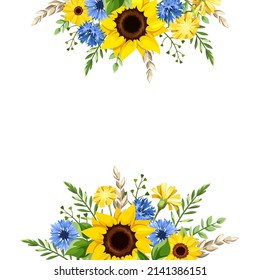 Background with blue and yellow sunflowers, cornflowers, dandelion flowers, gerbera flowers, ears of wheat, and green leaves. Vector greeting or invitation card design