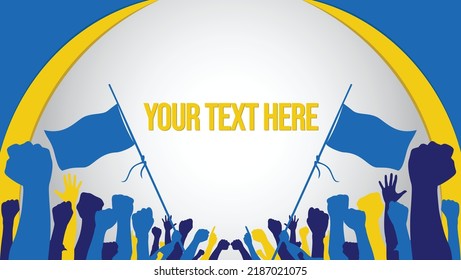 Background Blue and Yellow. Vector illustration of Hands Above and Holding Ukraine Flag. Great for Backgrounds, Banners and Other Designs