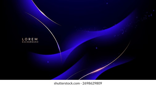 The background is in a blue-navy theme on a black background. Elegant curved lines of light gradually flow through the side and center frames, creating the shape of energy waves.