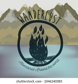 background blur forest scenary with lake and wanderlust logo wood fire