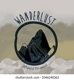 background blur forest scenary with wanderlust logo rocky mountains