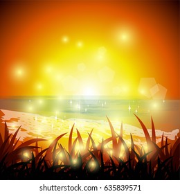 Background of blurred beach. Sunset at sea