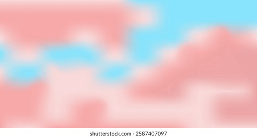 Background blurred blue sky and pink voluminous clouds. Beautiful pink sunrise. Vector gentle gradient funny grid place for copying. Sky cherry blossom. Air movement in the atmosphere