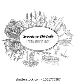 Background with  with boat and tree. Lake, summer vacation outdoor, adventure and travel. Hand drawn vector illustration 
