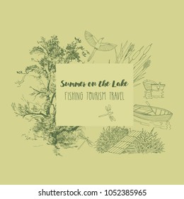 Background with boat and tree. Lake, summer vacation outdoor, adventure and travel. Hand drawn vector illustration 