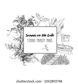 Background with boat and tree. Lake, summer vacation outdoor, adventure and travel. Hand drawn vector illustration 