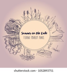 Background with boat and tree. Lake, summer vacation outdoor, adventure and travel. Hand drawn vector illustration 