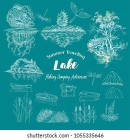 Background with  with boat and tree. Lake, summer vacation outdoor, adventure travel. Hand drawn vector illustration 