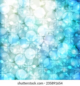 background with bokeh lights and snowflake. Perfect template for posters, websites, magazines, brochures, catalogs