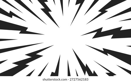 Hintere Blitz Donner. Comic-Hintergründe. Blitzanime. Linien mit Konzentrationseffekt. Cartoon Pop Art. Manga Lichtstrahl. Zickzackmuster. Zig zag bg. Halbtongeschwindigkeit. Vektorgrafik