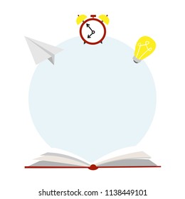 Background with book, alarm clock, bulb and paper airplane. Back to school concept.