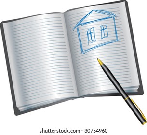 Background with book with drawing of house