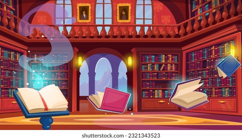 Background of a book of spells on a stand in a wizardry school. Banner with old books flying and standing on shelves and bookcases in an antique room full of magic. Cartoon vector illustration.