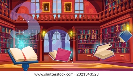 Background of a book of spells on a stand in a wizardry school. Banner with old books flying and standing on shelves and bookcases in an antique room full of magic. Cartoon vector illustration.