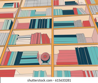 Background of  books on the Bookshelves, pattern of library bookshelf with book collection