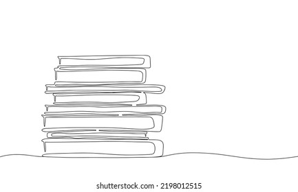 Background with books in stack. Happy Halloween. Hand draw, line art, one art, outline vector illustration